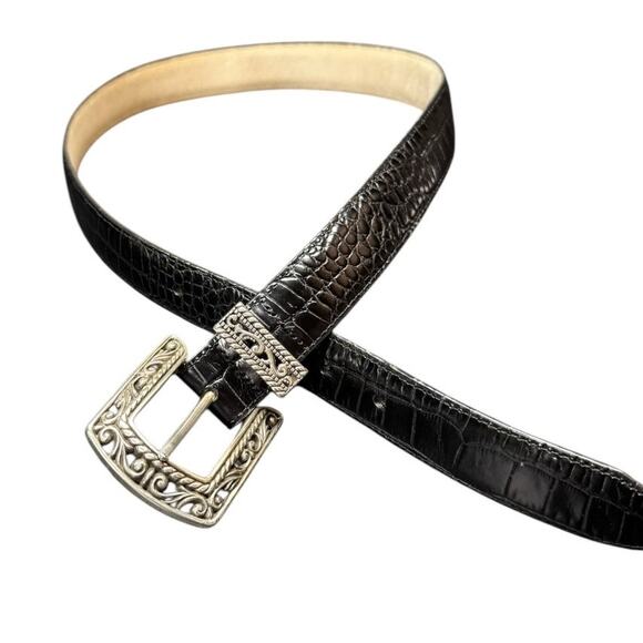 Brighton Black Leather Belt Croc Alligator Embossed Silver Buckle Size M/L 32 - Picture 2 of 9